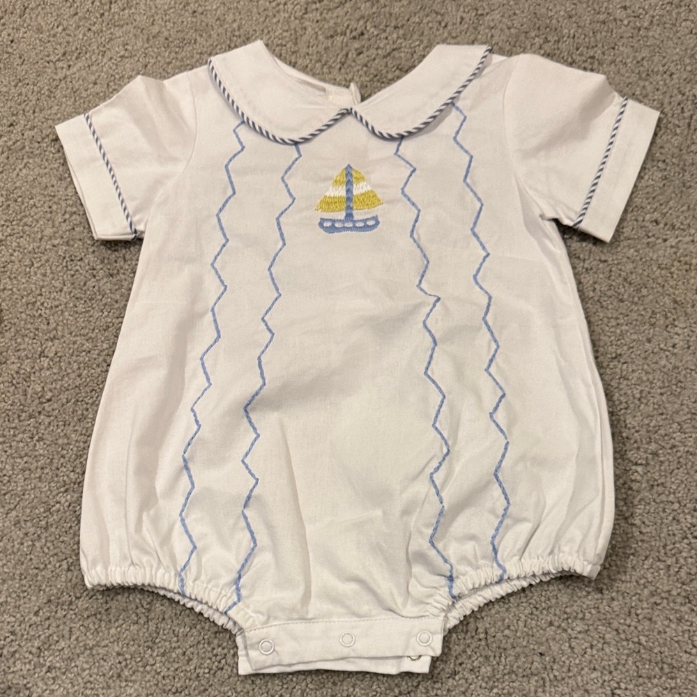 Classic White Baby One-Piece Bodysuit with Blue Trim and Sailboat